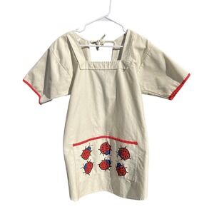 Vintage 1970s Ladybug Smock Apron Pockets Short Sleeves Tie Back Ocean House